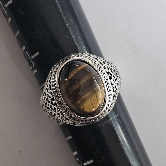 MENS FASHION NEW SIZE 9 CLASSIC STRIPED TIGER EYE  SILVER RING - Picture 4 of 5